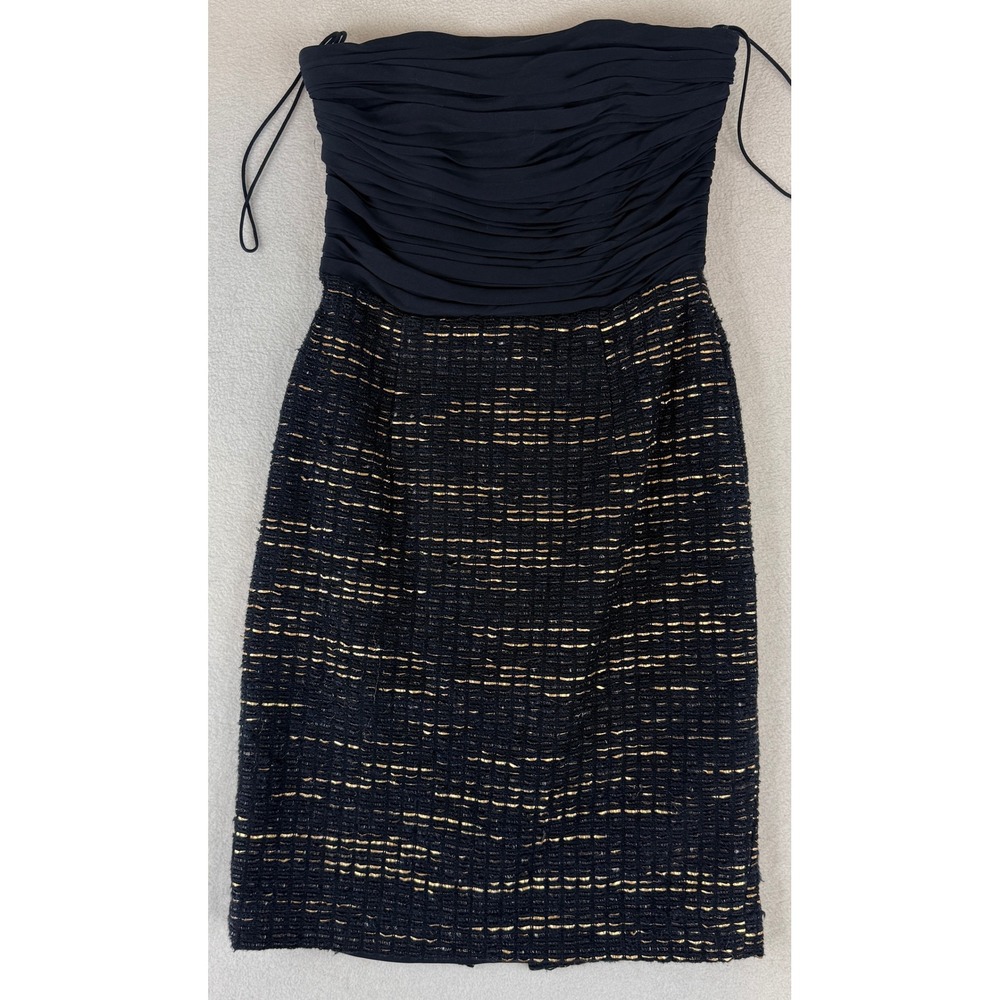 Alice + Olivia Strapless Dress Womens Navy Black Gold Metallic Tweed Ruched